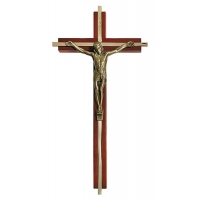 Walnut Finish Cross With Gold Plated Inlay Crucifix 10"H